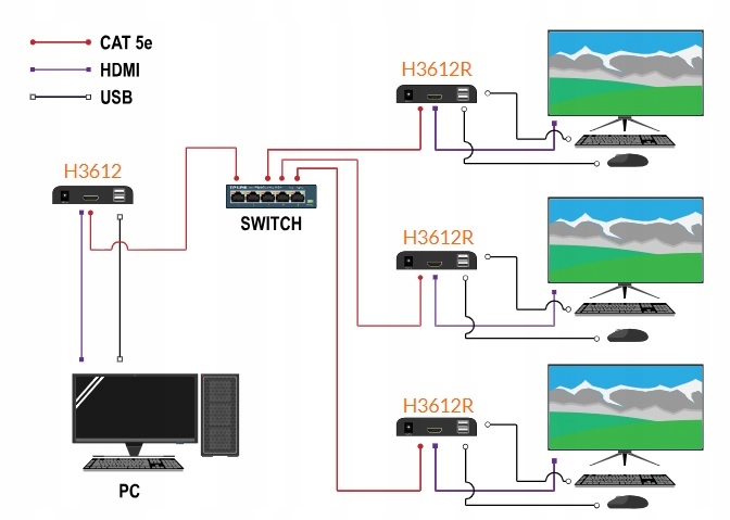 Schemat zastosowania konwertera HDMI > IP (połączenie punkt-wielopunkt)